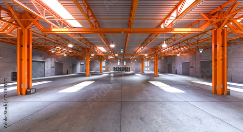 Modern industrial warehouse interior with orange beams 3d image
