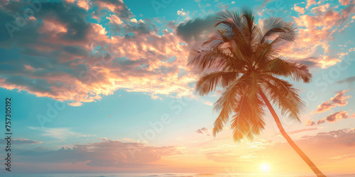 A serene tropical sunset showcasing the silhouette of a palm tree against a colorful sky with clouds and sunrays © smth.design