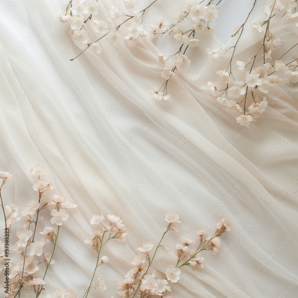 Background for beauty products made of silk fabrics, flowers and shadows