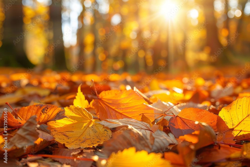 Close-up view of bright yellow and orange autumn leaves on the forest floor with sunlight filtering through trees
