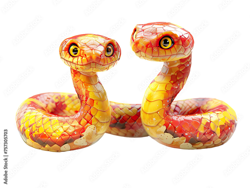 Fototapeta premium concept art of a couple cute chinese snake. Red and yellow color scheme,flowers, white background