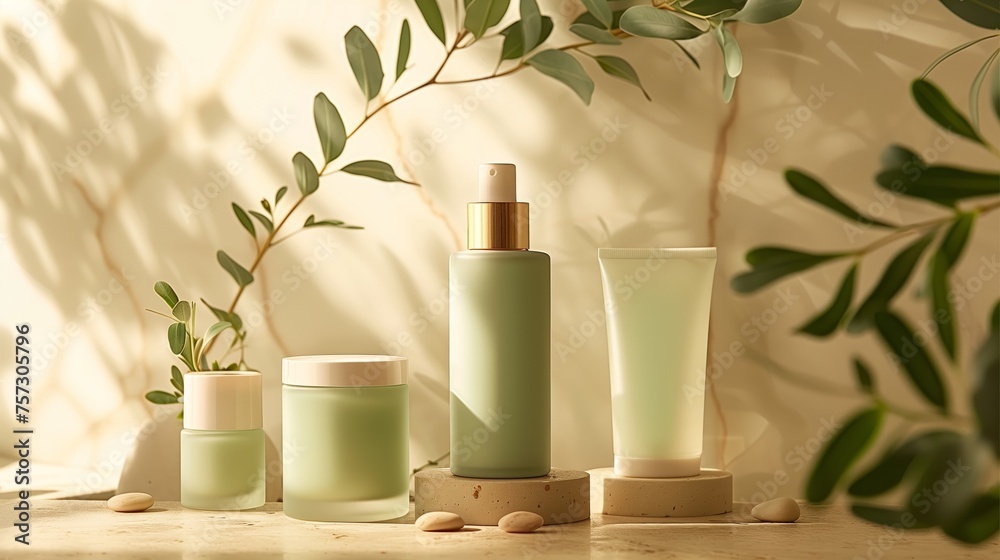 An elegant arrangement of skincare products against a neutral backdrop. A branch with robust green leaves stretches subtly across the composition. Nestled among the items are small, smooth stones. An elegant arrangement of skincare products against a neutral backdrop. A branch with robust green leaves stretches subtly across the composition. Nestled among the items are small, smooth stones.