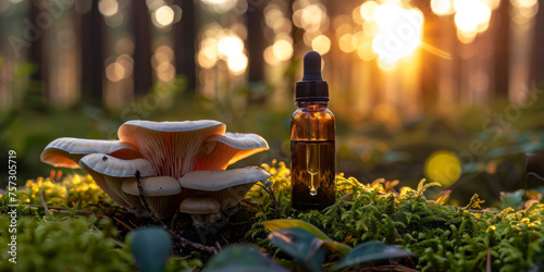 A tranquil forest scene at sunset featuring a glass dropper bottle next to natural mushrooms © smth.design