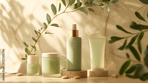 An elegant arrangement of skincare products against a neutral backdrop. A branch with robust green leaves stretches subtly across the composition. Nestled among the items are small, smooth stones. 