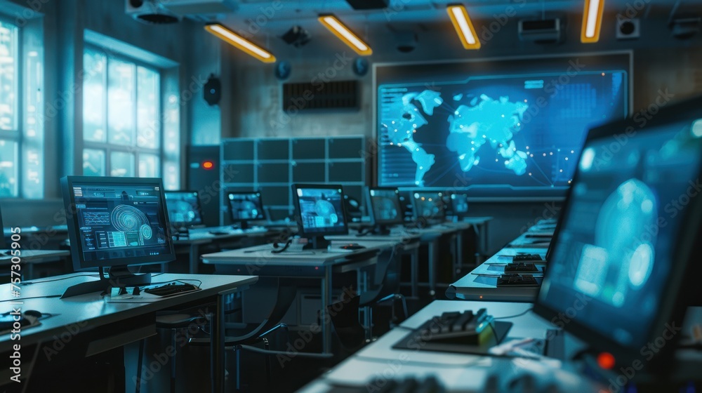 photograph of A computer science lecture in a high-tech lab photograph of A computer science lecture in a high-tech lab