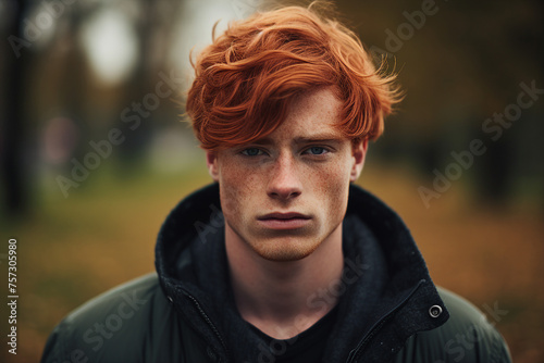 AI generated portrait of a handsome male red haired boy student walking in city during fall season outside