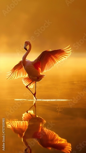 Sunrise Serenade: Elegant Flamingo on Golden Waters"