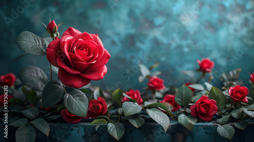 Vibrant red roses with green leaves on a moody blue textured background  with a shallow depth of field.