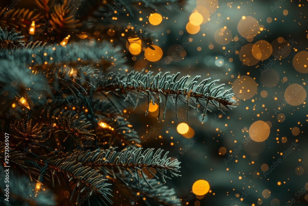 Enchanting close-up of fir tree branches, accentuated by golden bokeh lights for a festive