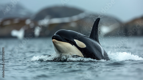 Orca whale surfacing in ocean with misty coastal background. © Prompt Images