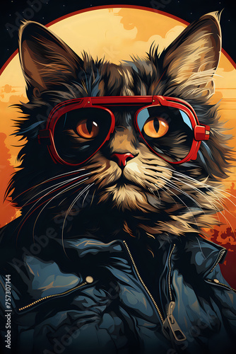Stylish Cat with Attitude. Illustration of a fashion-forward cat wearing red glasses, set against a dramatic sunset, ideal for trendy and urban art themes.