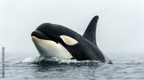Orca whale surfacing in misty water with visible dorsal fin.