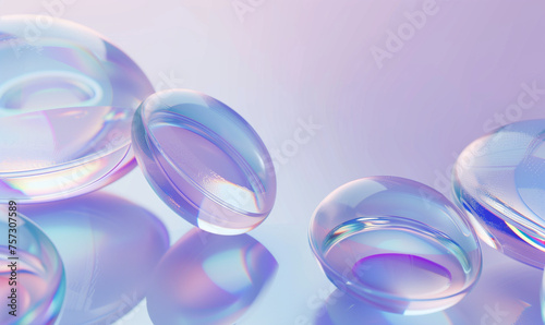 abstract floating glass sphere shapes on plain purple studio background 