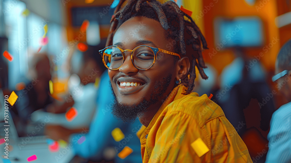 Smiling Young Man with Glasses and Confetti Celebration Smiling Young Man with Glasses and Confetti Celebration