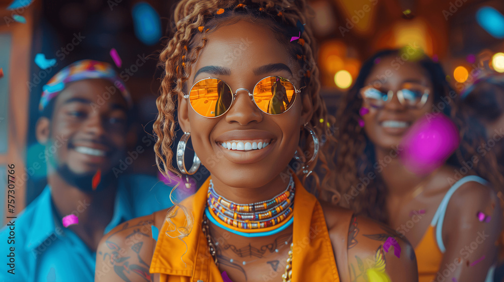 Smiling Woman with Sunglasses at Festive Party Smiling Woman with Sunglasses at Festive Party