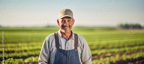 Middle aged male farmer smiling and working on a farm field portrait