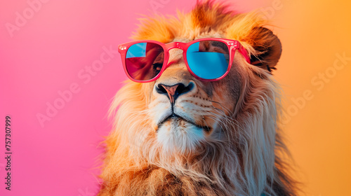 a lion wearing sunglasses in front of a colorful background © HUMANIMALS