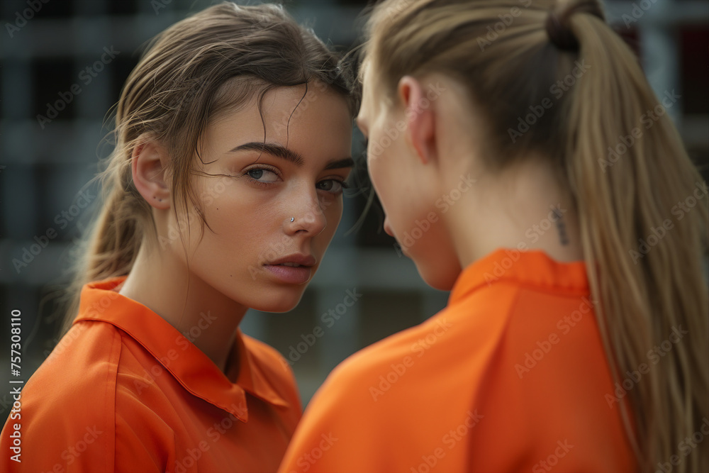 Criminals jailed in prison in orange uniform behind metal bars Generative AI realistic 3D picture Criminals jailed in prison in orange uniform behind metal bars Generative AI realistic 3D picture
