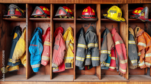 Firefighter Helmets and Coats Hanging in Firestation. photo