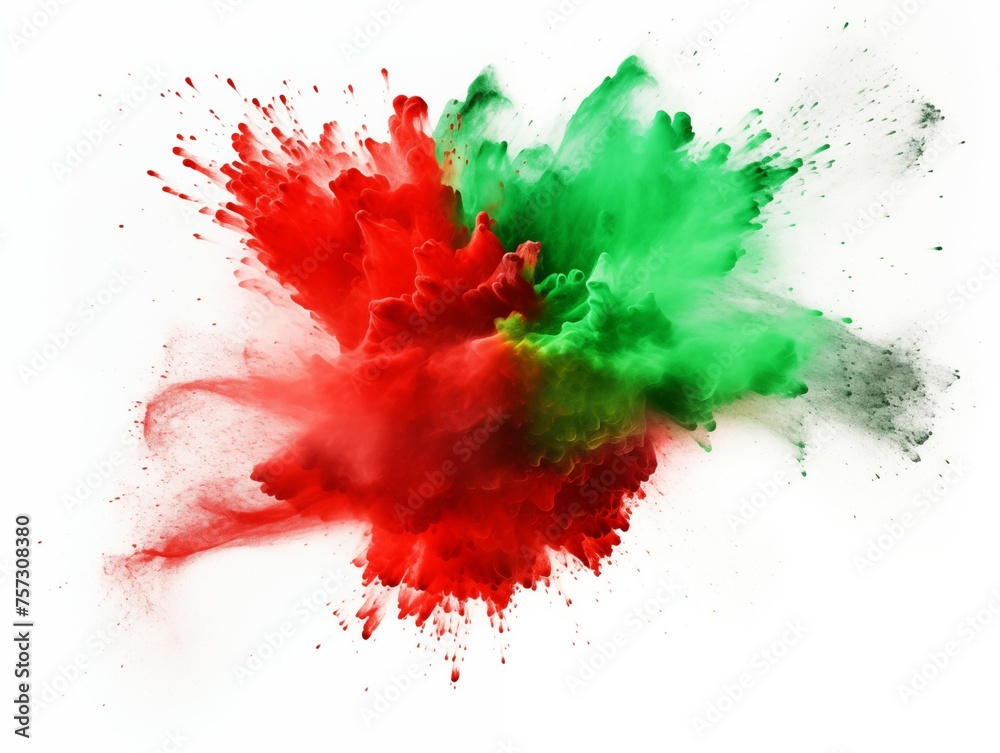 Spectrum Burst: Explosive Red and Green Holi Color Powder Celebration