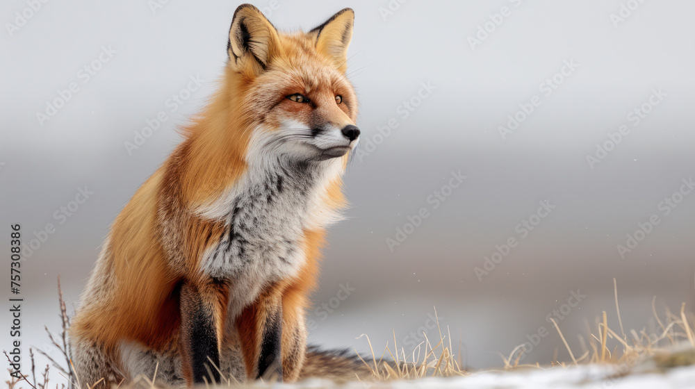 Obraz premium Red fox sitting in a field, looking to the side with a blurred background.