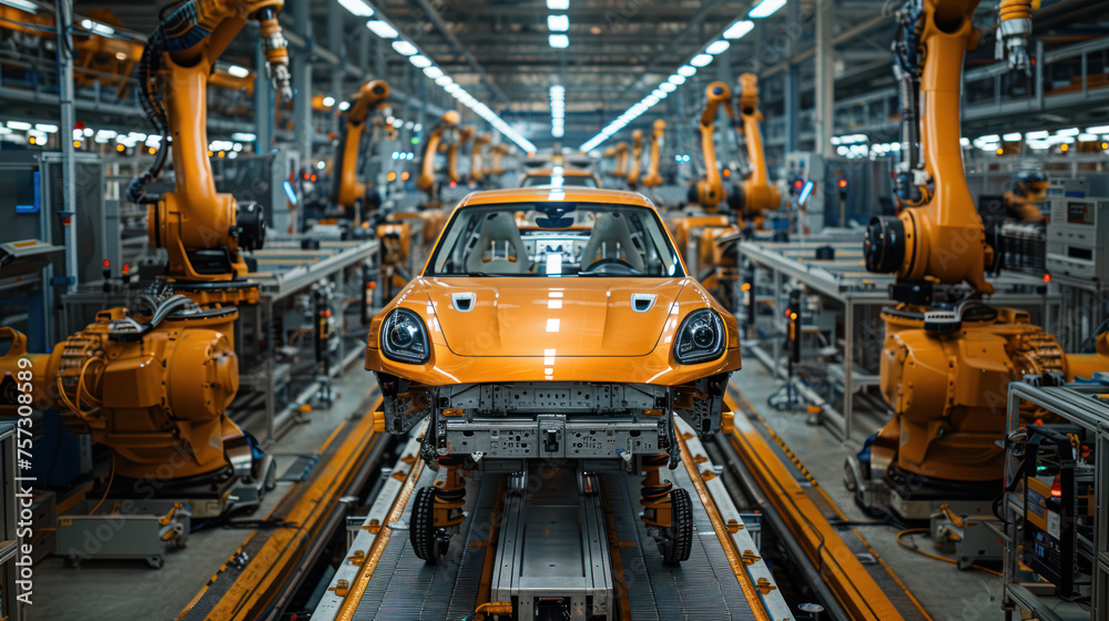 Automated car assembly line with robotic arms and a vehicle in production in an industrial factory setting.