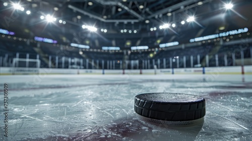 Hockey arena with puck close up, sport ice rink stadium