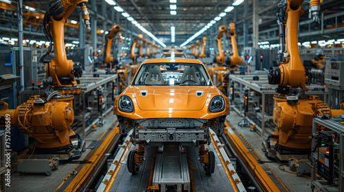 Automated car assembly line with robotic arms and a vehicle in production in an industrial factory setting.