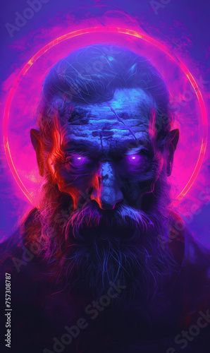 Galactic Fury: Zeus with Glowing Purple Eyes on Blue 