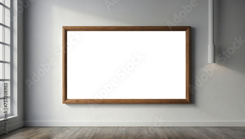 empty wooden frame on white wall, frame mockup 