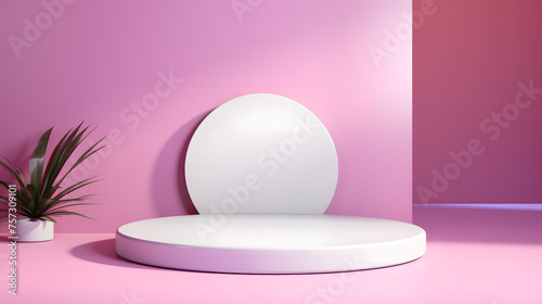 3D-rendered egg-shaped white platform with houseplant, against gradient pink to purple wall, product presentations	 photo