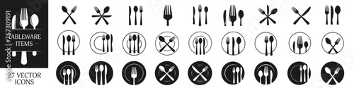 Fork, knife and plate icons set. Cutlery icon. Logotype tableware. photo