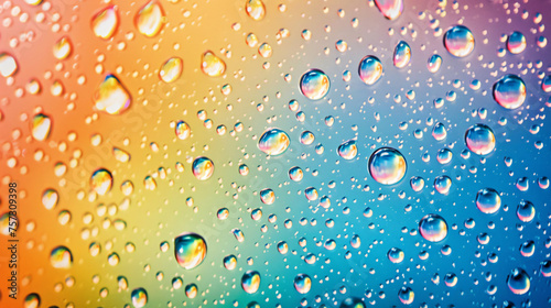 Water droplets on a rainbow collared background