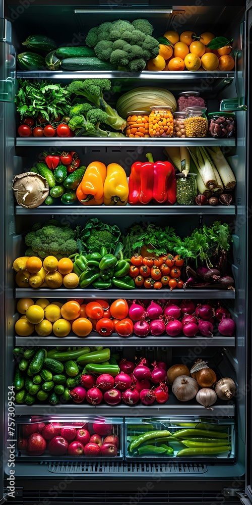 Vibrant assorted vegetables and fruits in a refrigerator. organized healthy food storage. perfect for nutrition and diet-related content. stock photo. AI