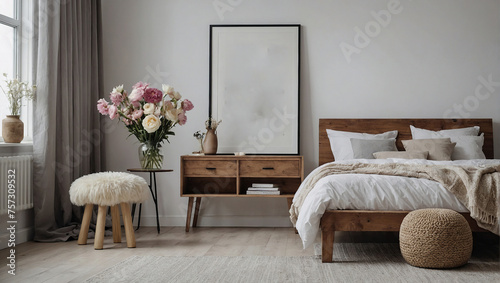 Flowers on wooden stool and pouf in white bedroom interior with empty posters above bed © SR Production