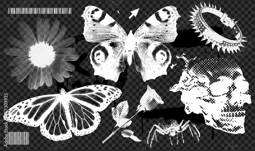 Trendy grunge elements collection with a retro negative photocopy effect. y2k overlay stickers for cool design. Skull, flowers, butterflies, spider, spikes vector realistic illustration