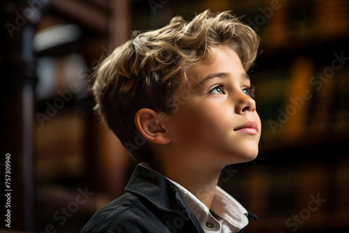 A young boy standing in front of a library made with generative AI technology