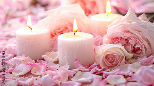 White candles with roses and flowers petals