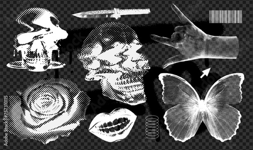 Brutalism elements with a negative photocopy effect. Black and white butterfly, melting skull, rock gesture hand, mouth and rose. Y2k elements for design. Grain effect stippling. Vector dots texture.