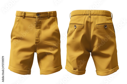 Front and back view of a saffron basic chino shorts template. Comfortable fit with a button closure, mockups for design and print, isolated on a white or transparent background.