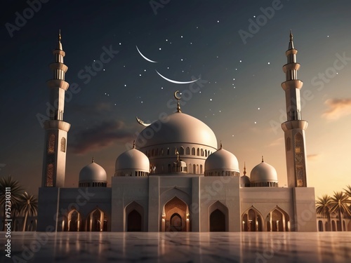 Ramadan Mubarak ,Mubarak Luxury illustration premium banner background. Golden mandala with awesome gradient moon and star design with white calligraphy. Islamic light with mosque and minaret, Copy sp