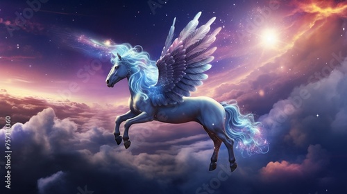 Enchanted unicorn prancing on clouds surrounded by constellations