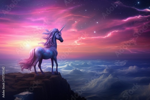 Galactic unicorn standing on a cliff overlooking a cosmic sea starlight reflecting in its eyes