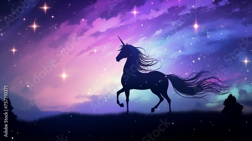 Elegant unicorn silhouette against a moonlit sky stars cascading in its flowing mane photo