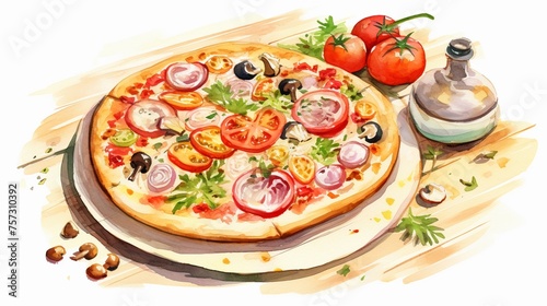 Homemade pizza with garden-fresh vegetables set on an outdoor table