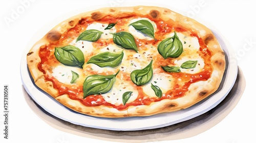 Watercolor of a margherita pizza with fresh basil and bubbling cheese simplicity and perfection