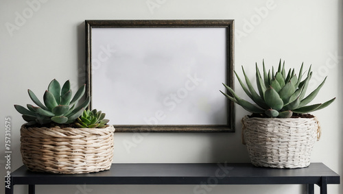 Home interior poster mock up with empty horizontal metal frame, succulents in basket and pile of books on white wall background