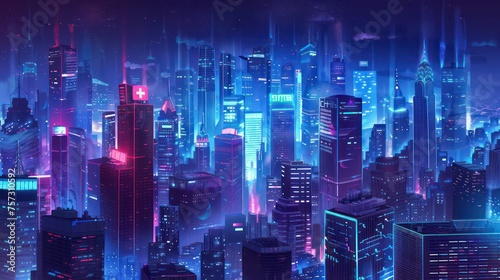 a bustling cityscape with towering skyscrapers representing the financial district, illuminated by the glow of neon lights, symbolizing the vibrant activity of the business world amidst the urban land