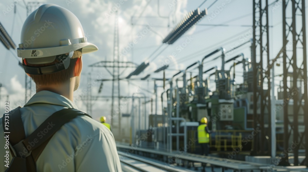 Fototapeta premium electrical engineer working at the power station See the planning of electricity production at high voltage poles.