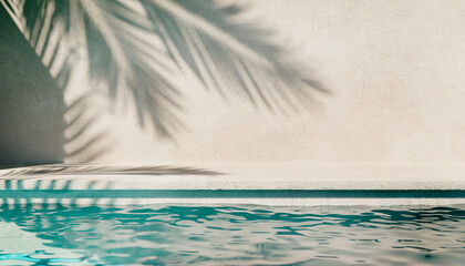 Tropical summer background with plaster wall, pool water and palm shadow. Luxury hotel resort poolside scene mockup template. Beach vacation holiday house with neutral architecture aesthetic.
